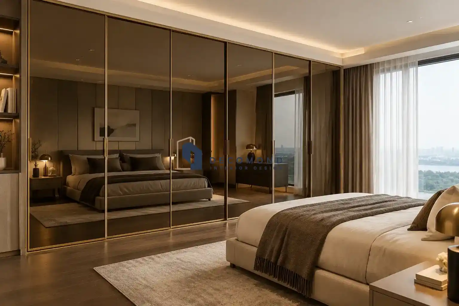 طراحی کمد اصفهان مدل ترکیبی چوب طبیعی و ویترین شیشه ای اکسسوری