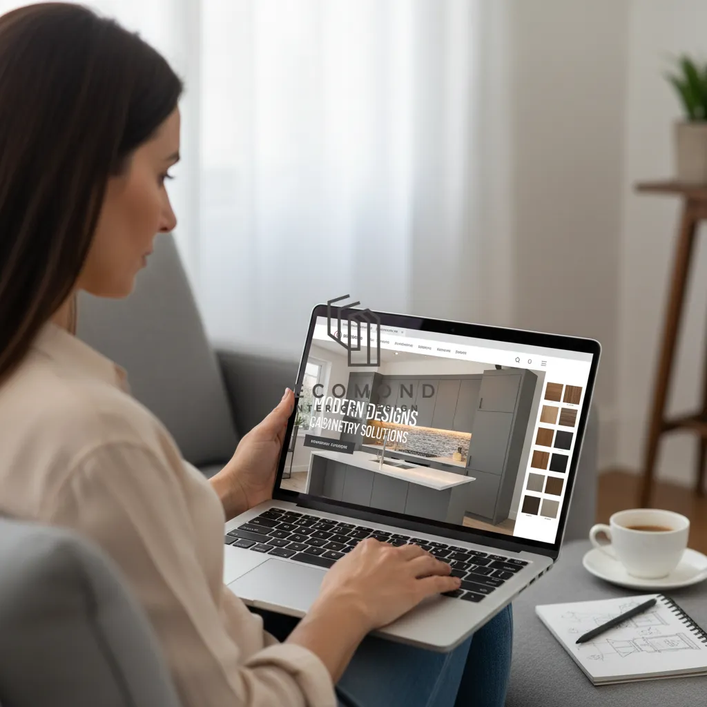 یک خانم در حال تماشای عکس کابینت آشپزخانه در لبتاپ برای خرید کابینت